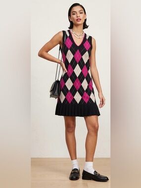 Tommy Hilfiger Black and Pink Argyle Mini Dress